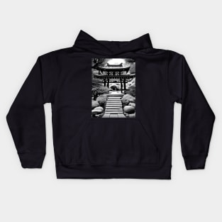 Japanese garden with shrine, black and white Kids Hoodie